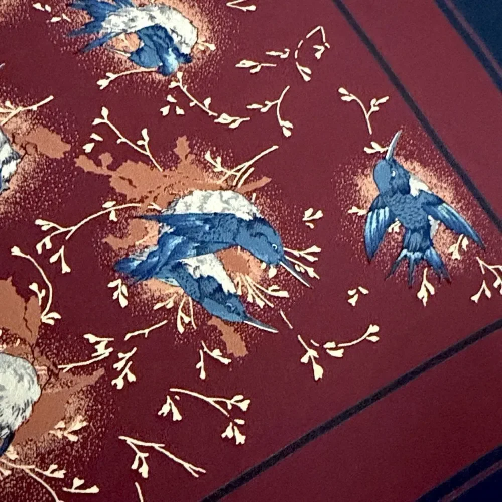 Gucci Silk Scarf Maroon Blue Bird Print Vintage Script Logo 33x33